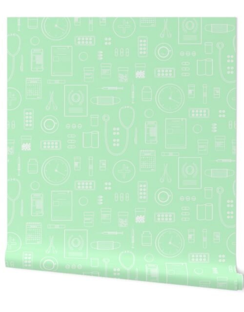 Scrubs Green with White Outlined Drawings of Medical Symbols Wallpaper