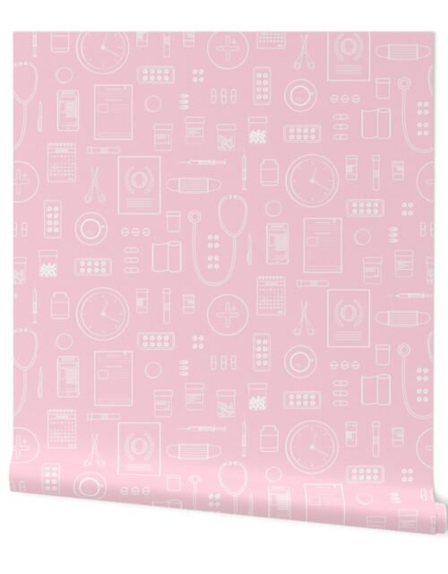 Scrubs Pink with White Outlined Drawings of Medical Symbols Wallpaper