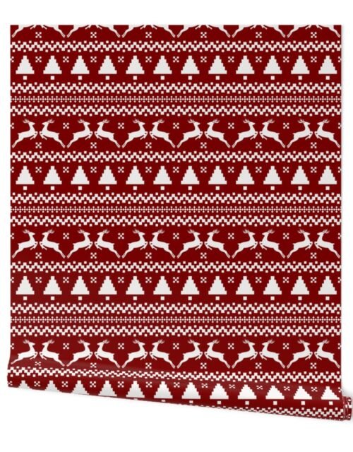 Large Dark Christmas Candy Apple Red Nordic Reindeer Stripe in White Wallpaper