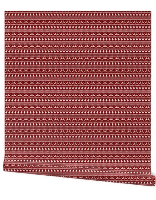 Dark Christmas Candy Apple Red Nordic Reindeer Stripe in White Wallpaper