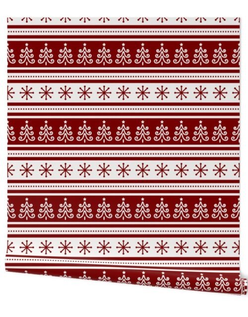 Large Dark Christmas Candy Apple Red Nordic Trees Stripe in White Wallpaper