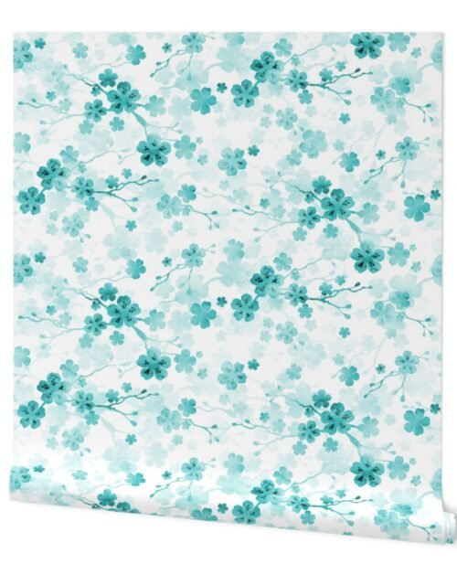 Bright Aqua Blue Pastel Watercolor Cherry Blossom Flowers and Vines Wallpaper