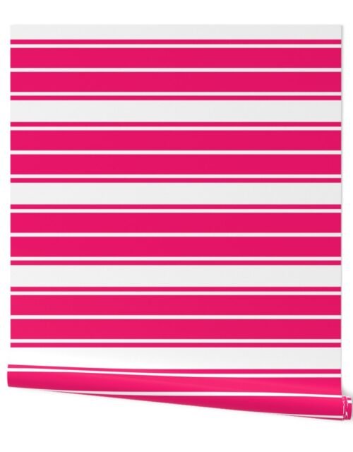 Bright Flamingo Pink and White Horizontal French Stripe Wallpaper