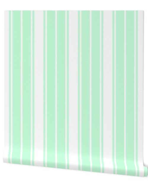 Mint Foam and White Vertical French Stripe Wallpaper