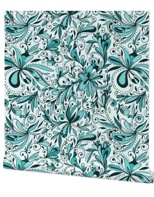 Floral Doodles Seamless Repeat Pattern in Aqua Blue Wallpaper