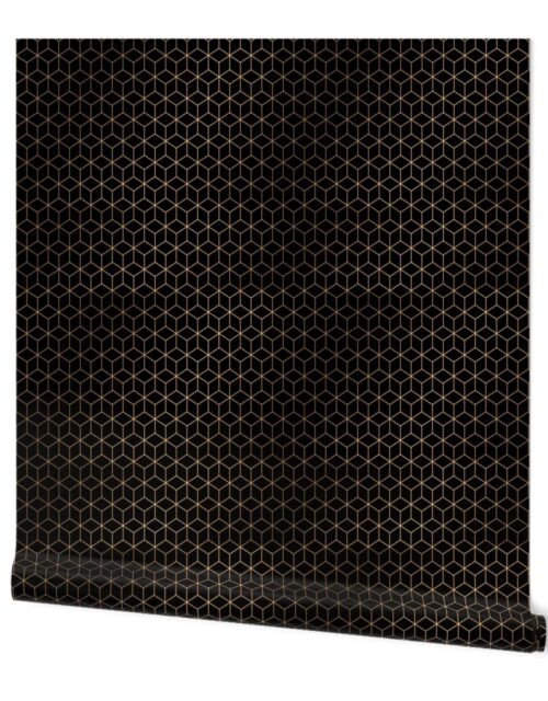 Small  Black and Faux Metallic Gold Art Deco 3D Geometric Cubes Wallpaper