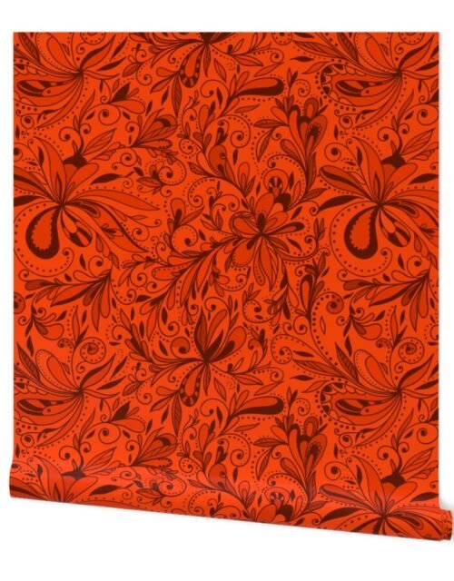 Floral Doodles Seamless Repeat Pattern in Blood Orange Wallpaper