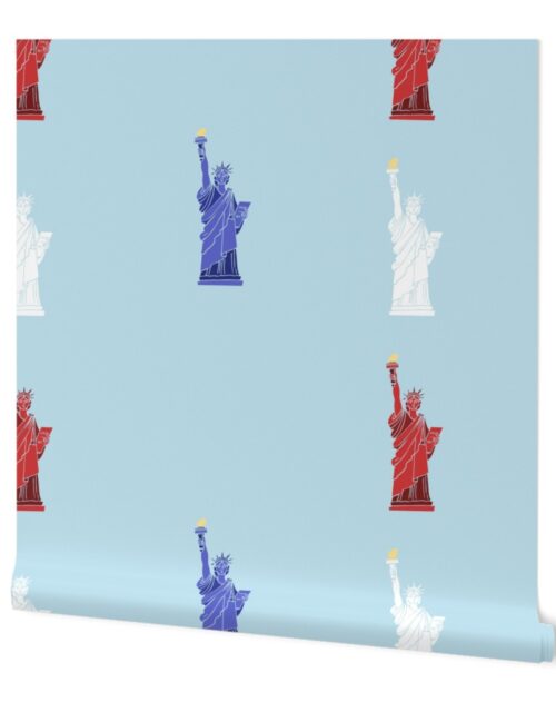 USA Hand drawn Motif of the Statue of Liberty in Red, White and Blue on Pale Blue Wallpaper
