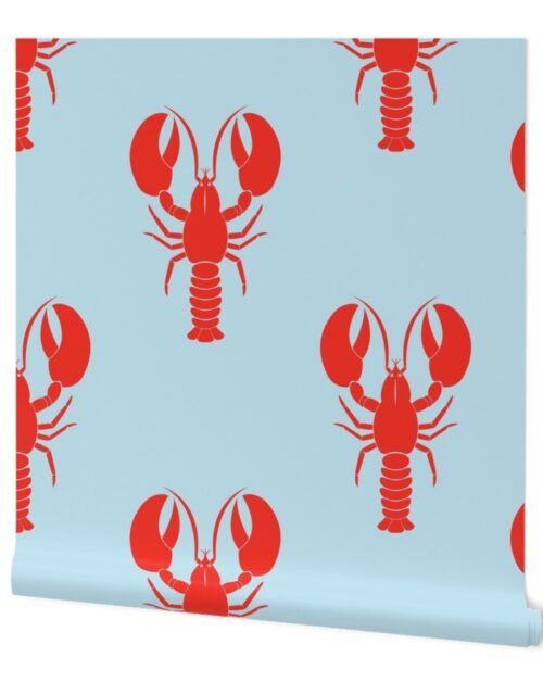 Handdrawn Motif of a Red Lobster on Pale Blue Wallpaper