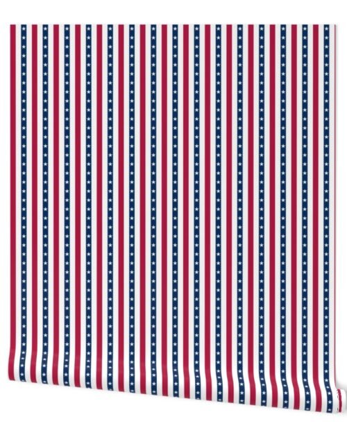 USA Flag Colors of Red, White and Blue with Stars in Alternating  1 Inch Wide Vertical Stripes Wallpaper
