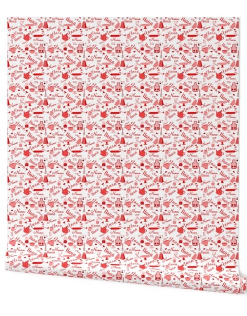 Nana Grandmother Grandma Hygge Kitchen Vector Motifs and Symbols in Fireball Red on White Wallpaper