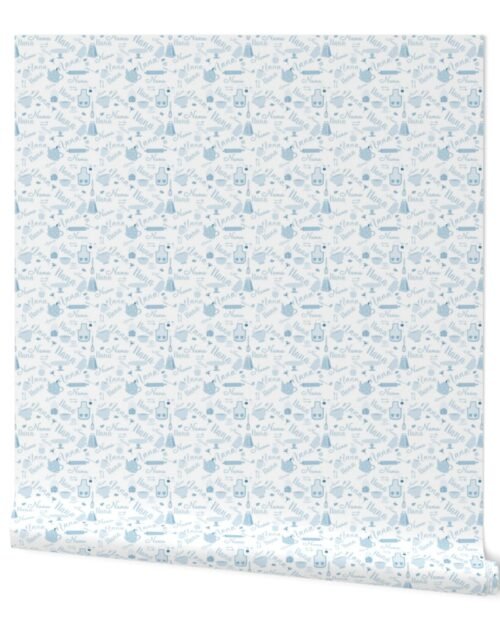 Nana Grandmother Grandma Hygge Kitchen Vector Motifs and Symbols in Blue on White Wallpaper