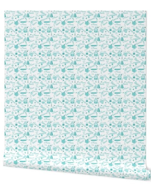 Nana Grandmother Grandma Hygge Kitchen Vector Motifs and Symbols in Aqua on White Wallpaper