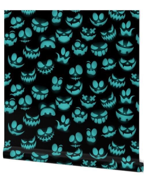 Micro Grinning Halloween Aqua Faces on Black Wallpaper