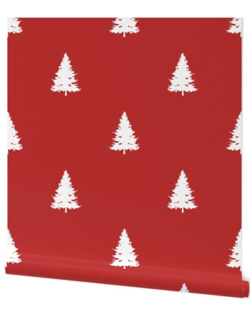 Christas Holly Berry Red with White Christmas Trees Wallpaper