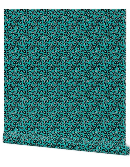 Mini Leopard Spots in Silver and Dark Aqua Blue Wallpaper