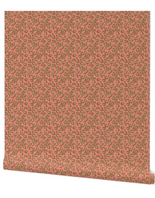 Rose Gold Faux Foil Leopard Spots on Coral Wallpaper