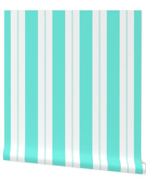 White and Aqua Blue Cabana Beach Bubble Stripes Wallpaper