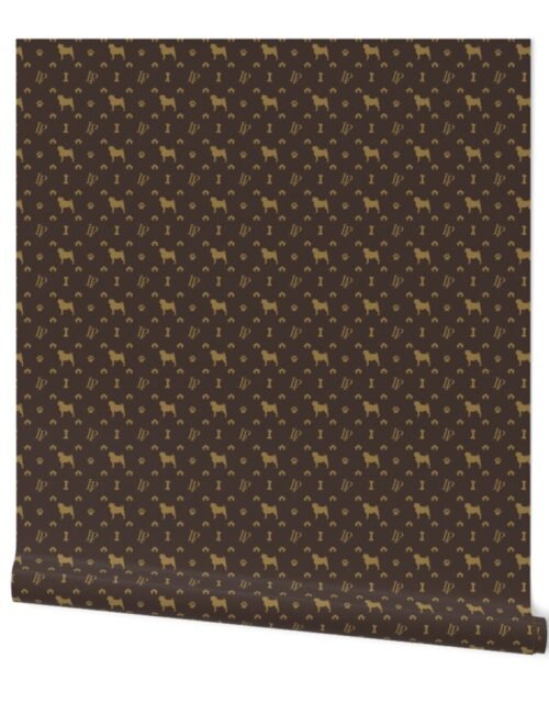 Louis Pug Face Luxury Dog Smaller Pattern in Tan on Brown Wallpaper