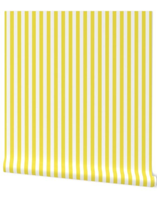 Illuminating Yellow and White Vertical Cabana Tent Stripes Wallpaper