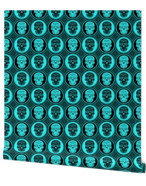 Large Aqua Blue and Black  Skulls Calaveras Day of the Dead Dia de los Muertos Wallpaper