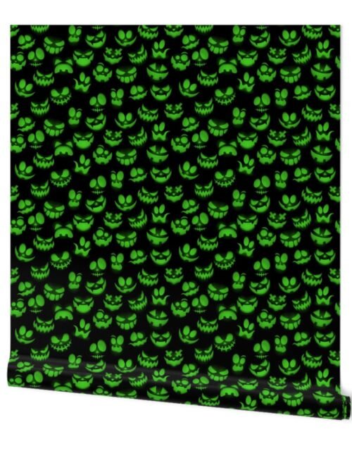 Mini Grinning Halloween Jack o Lantern Faces in Neon Green on Black Wallpaper