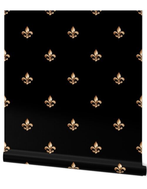 Faux-Effect Metallic Gold Fleur de Lis Royal Symbols on Midnight Black Wallpaper