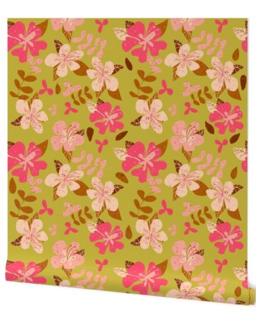 Tropical Pink and Brown Hibiscus Floral Repeat on Gold Wallpaper