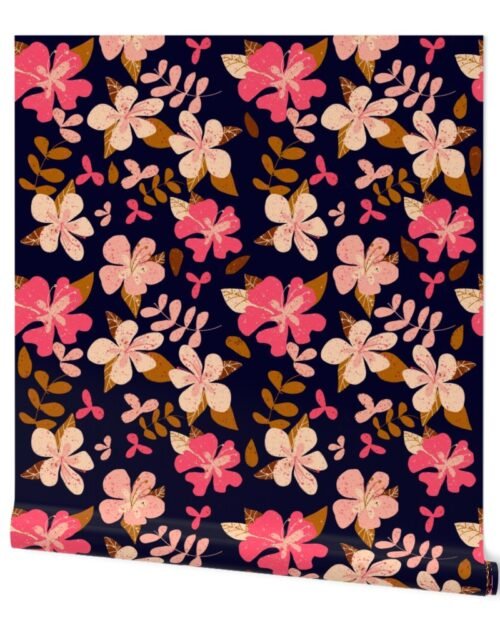 Tropical Pink and Brown Hibiscus Floral Repeat on Navy Wallpaper