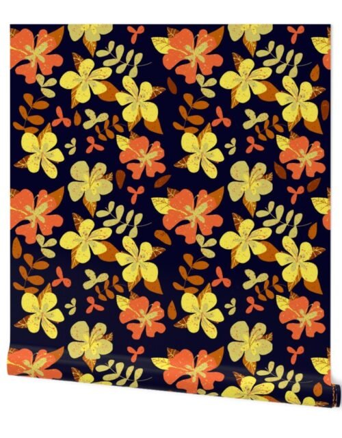 Jumbo Tropical Orange and Brown Hibiscus Retro Repeat on Navy Wallpaper