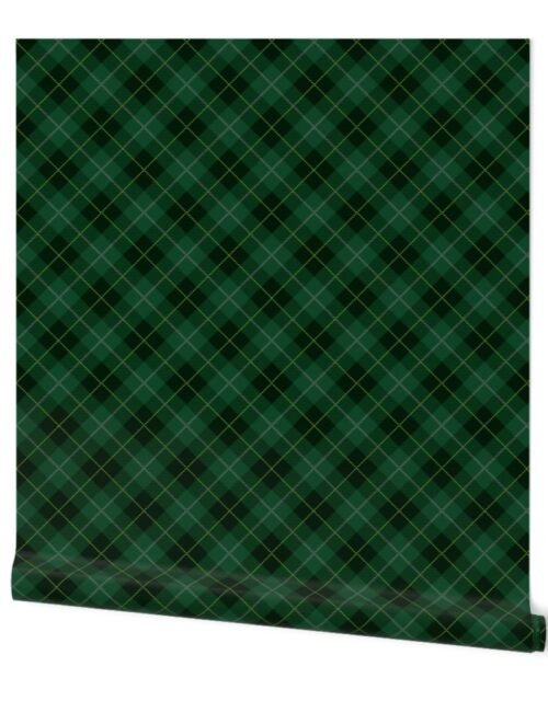 Dark Green with Yellow Line Seasonal Christmas  Tartan Check Plaid Wallpaper