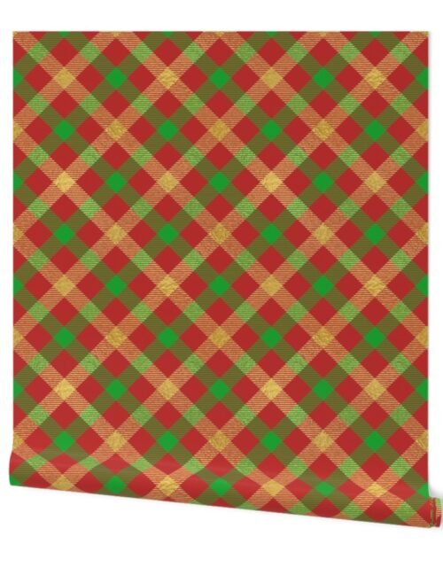 Bright Faux Gold Foil Tartan Plaid with Christmas Red and Green Wallpaper