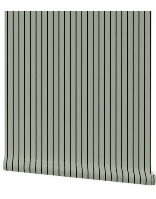 Classic wider 1 Inch Black Pinstripe on a Desert Sage Grey Green Background Wallpaper