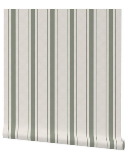 Fern Green Antique Vintage Mattress Ticking Stripe on Cream Wallpaper