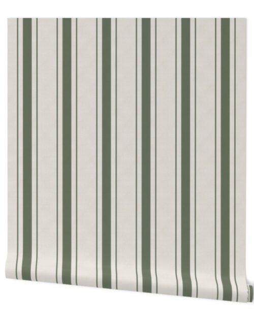 Leaf Green Antique Vintage Mattress Ticking Stripe on Cream Wallpaper