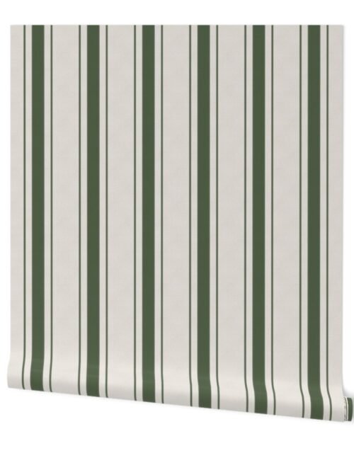 Moss Green Antique Vintage Mattress Ticking Stripe on Cream Wallpaper