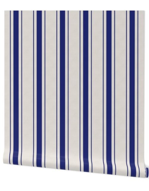 Midi Blue Antique Vintage Mattress Ticking Stripe on Cream Wallpaper