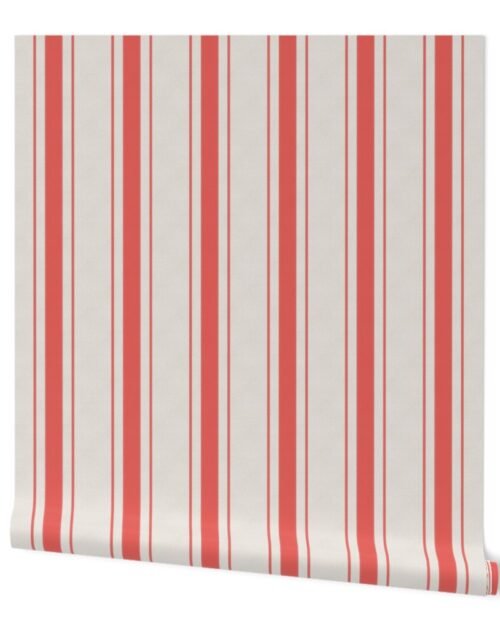 Coral Red Antique Vintage Mattress Ticking Stripe on Cream Wallpaper