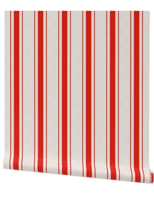 Garnet Red Antique Vintage Mattress Ticking Stripe on Cream Wallpaper