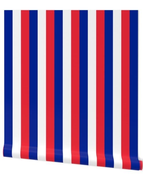 French Flag Colors Red, White and Blue Large 2 Inch Vertical Stripes Wallpaper