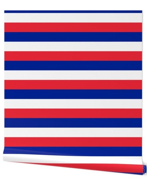 French Flag Colors Red, White and Blue Large 2 Inch Horizontal Stripes Wallpaper