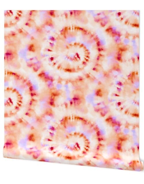 Jumbo Tie Dye Reddish Orange and Lilac Circling Swirls on White Wallpaper