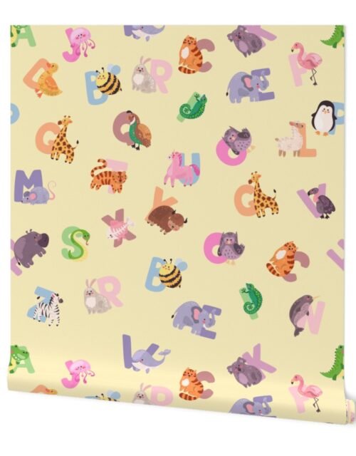 Whimsical Nursery Alphabet in Adorable Animals for Babies and Children 3-4 Inch on Butter Yellow Pastel Wallpaper