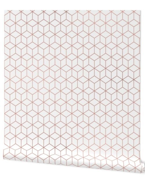 Large White and Faux Metallic Rose Gold Art Deco 3D Geometric Cubes Wallpaper