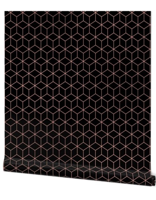 Large Black and Faux Metallic Rose Gold Art Deco 3D Geometric Cubes Wallpaper