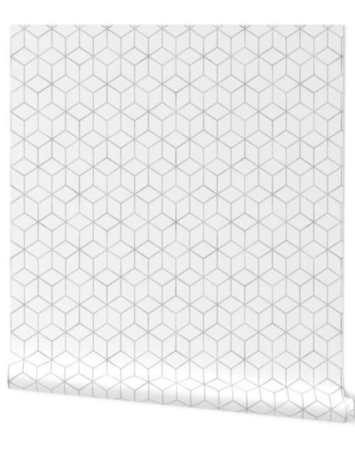 Large White  and Faux Metallic Silver Art Deco 3D Geometric Cubes Wallpaper