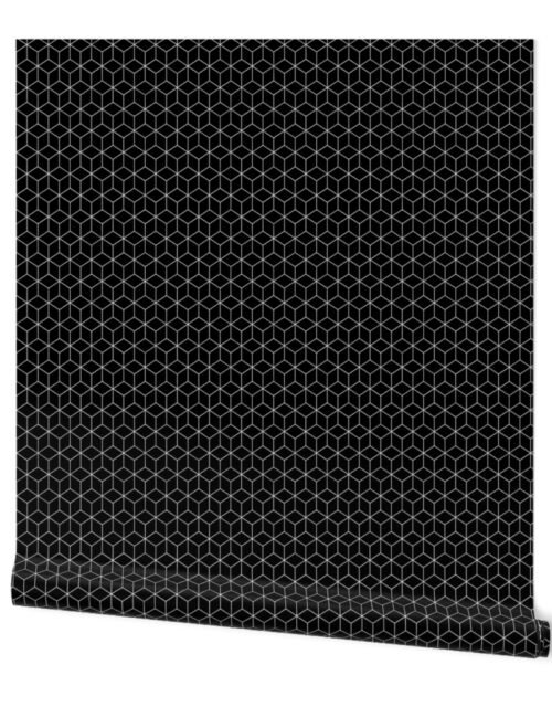 Small Black and Faux Metallic Silver Art Deco 3D Geometric Cubes Wallpaper