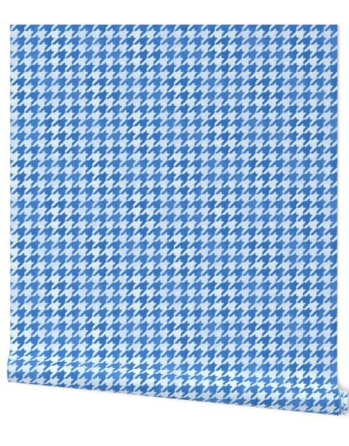 Large Mid Blue and White Handpainted Houndstooth Check Watercolor Pattern Wallpaper