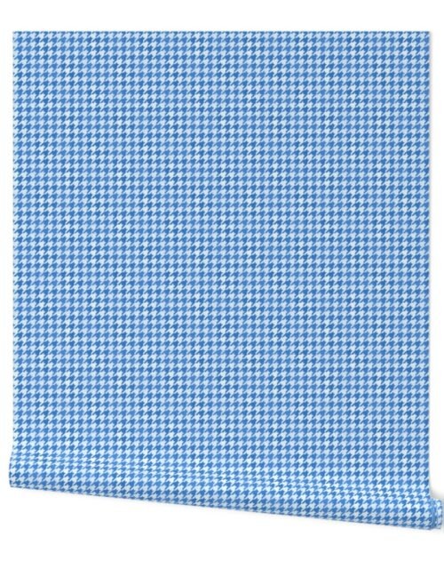 Mid Blue and White Handpainted Houndstooth Check Watercolor Pattern Wallpaper