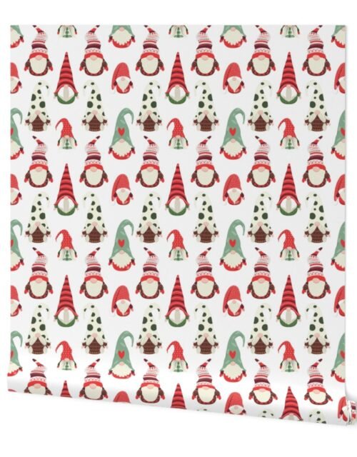 Christmas Gnomes in Holiday Green and Red Caps on White Wallpaper